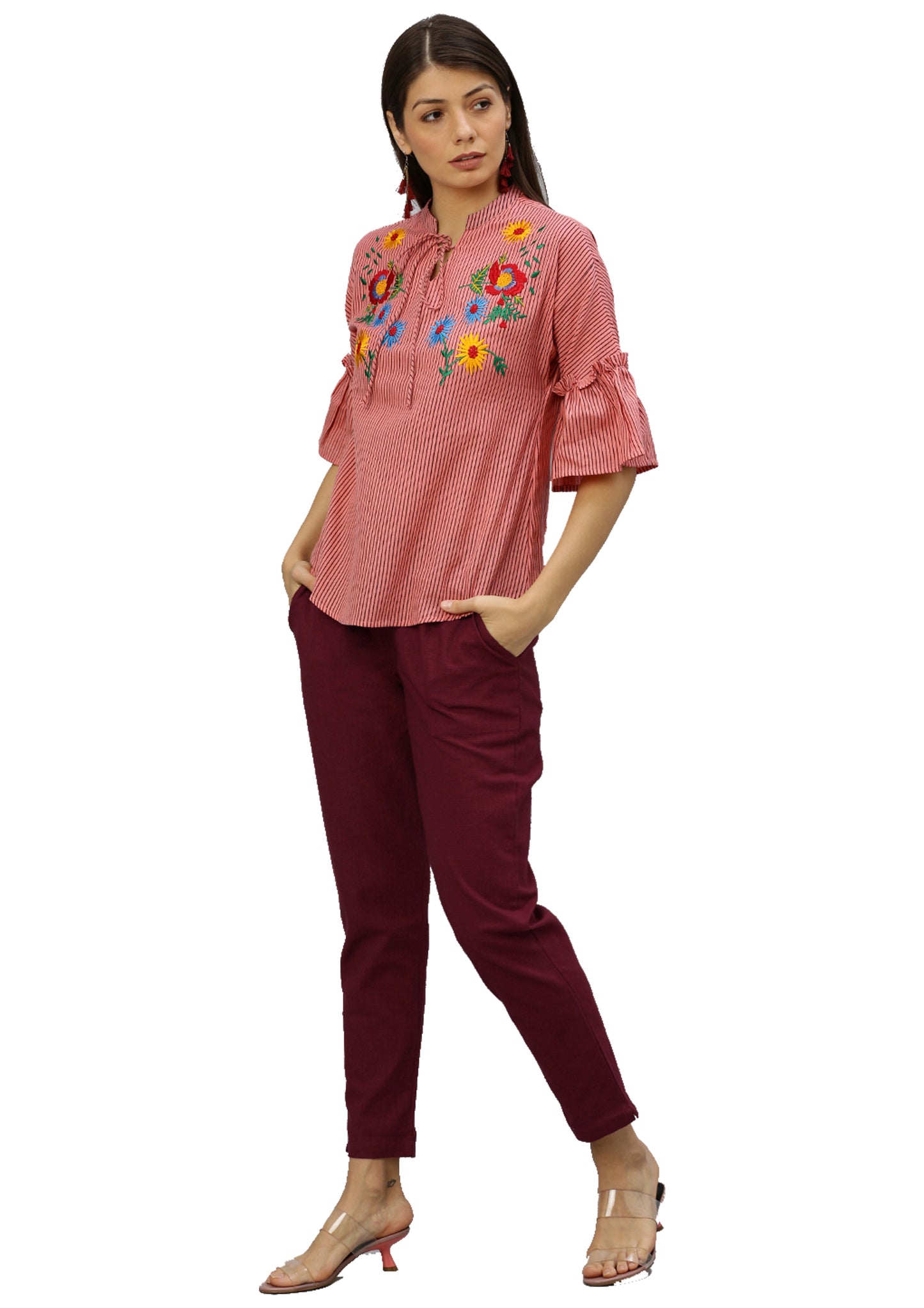 Cotton Slub Solid Regular Fit Casual Trouser Pants (MAROON)