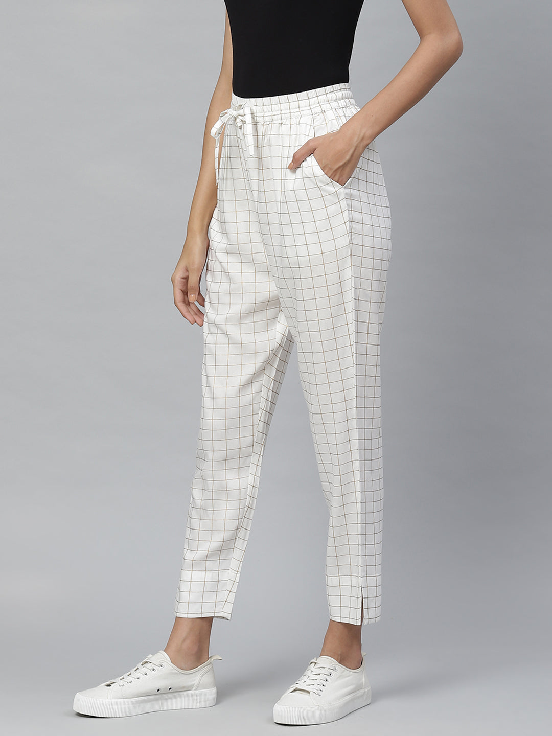 women rayon checkered print regular fit trouser pant