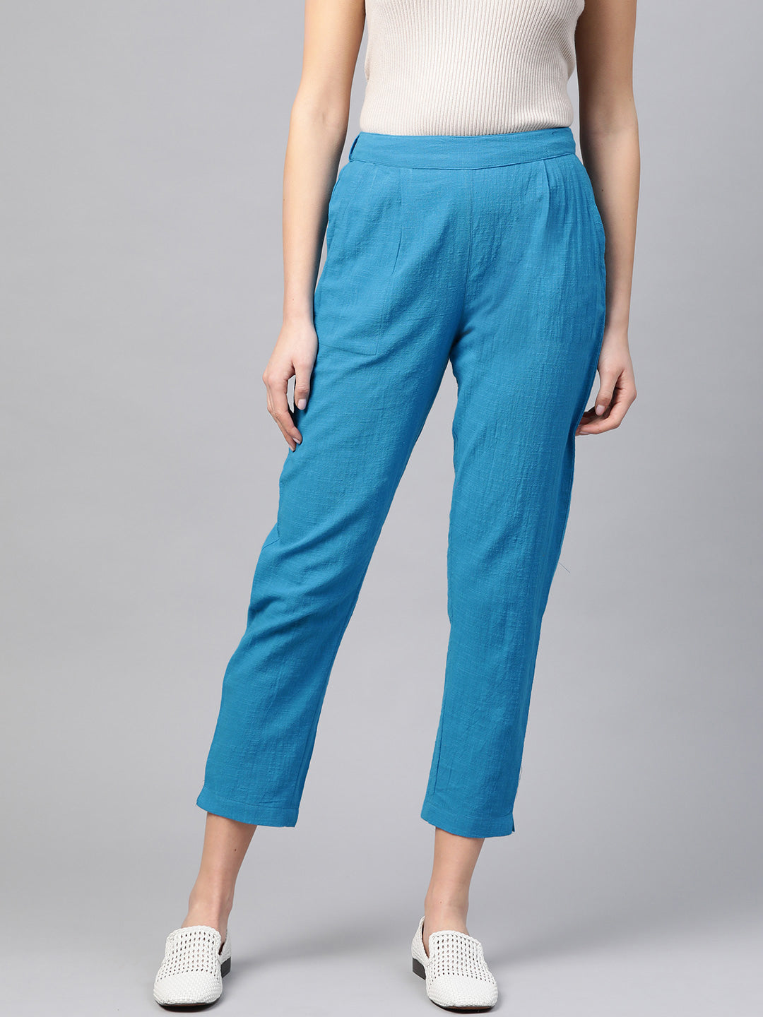 Cotton Slub Solid Regular Fit Casual Trouser Pants (BLUE)