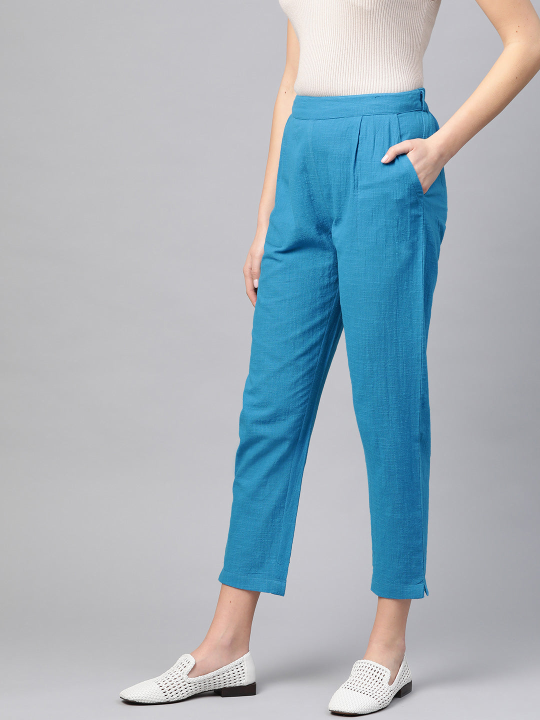 Cotton Slub Solid Regular Fit Casual Trouser Pants (BLUE)