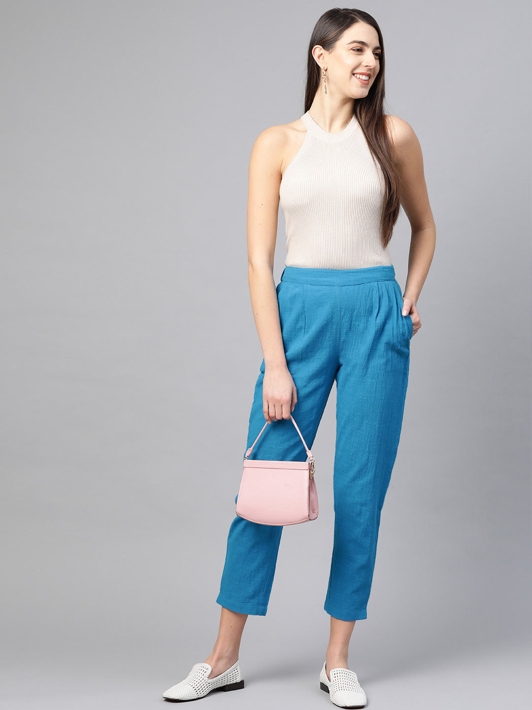 Cotton Slub Solid Regular Fit Casual Trouser Pants (BLUE)