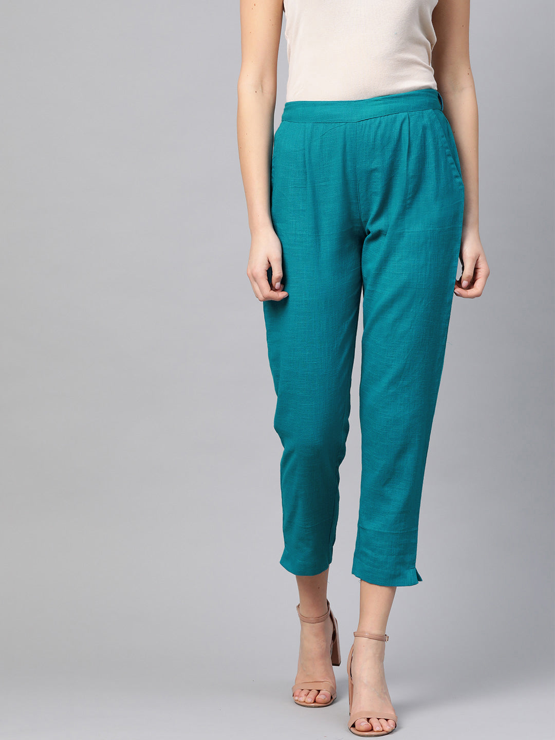 Cotton Slub Solid Regular Fit Casual Trouser Pants (TEAL)