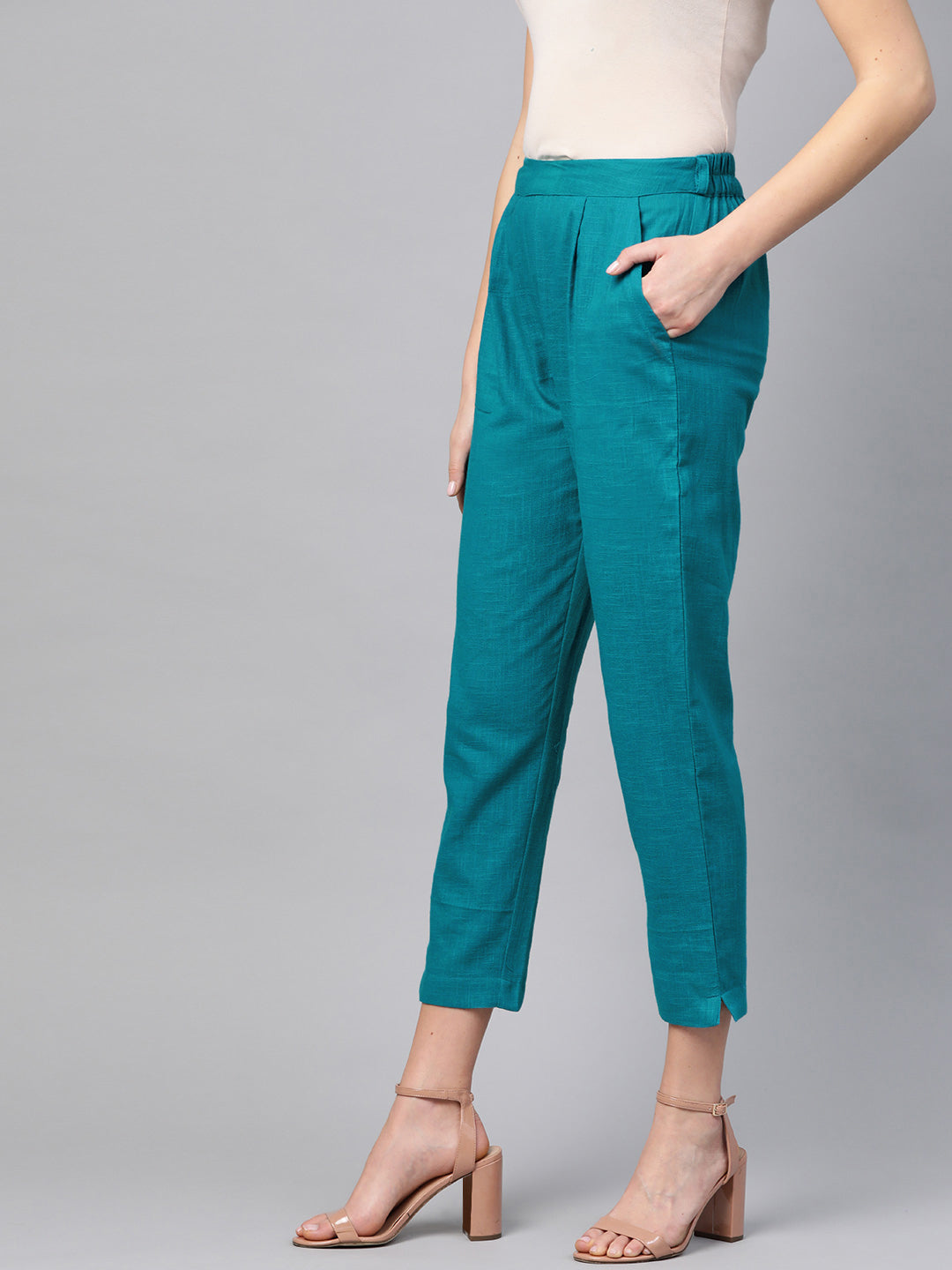 Cotton Slub Solid Regular Fit Casual Trouser Pants (TEAL)
