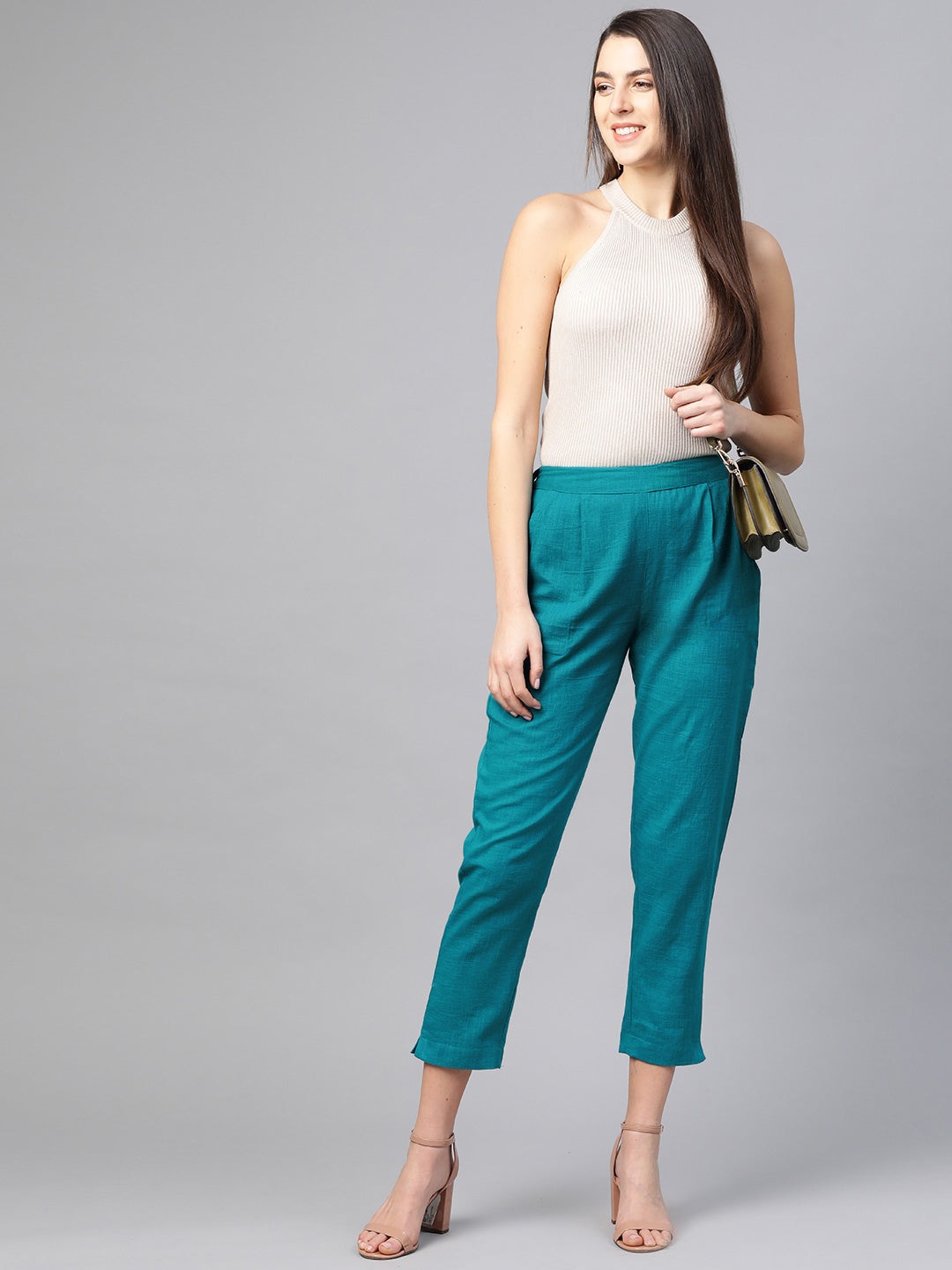 Cotton Slub Solid Regular Fit Casual Trouser Pants (TEAL)
