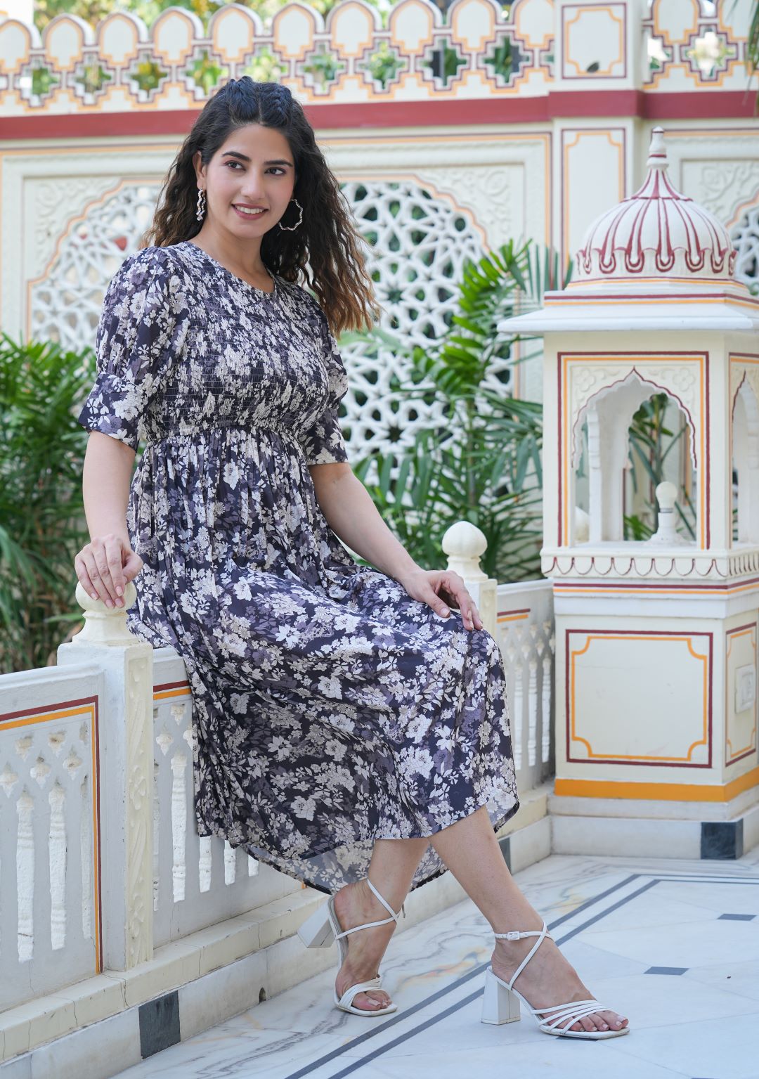 yash gallery womens floral printed gathered smoking dress black