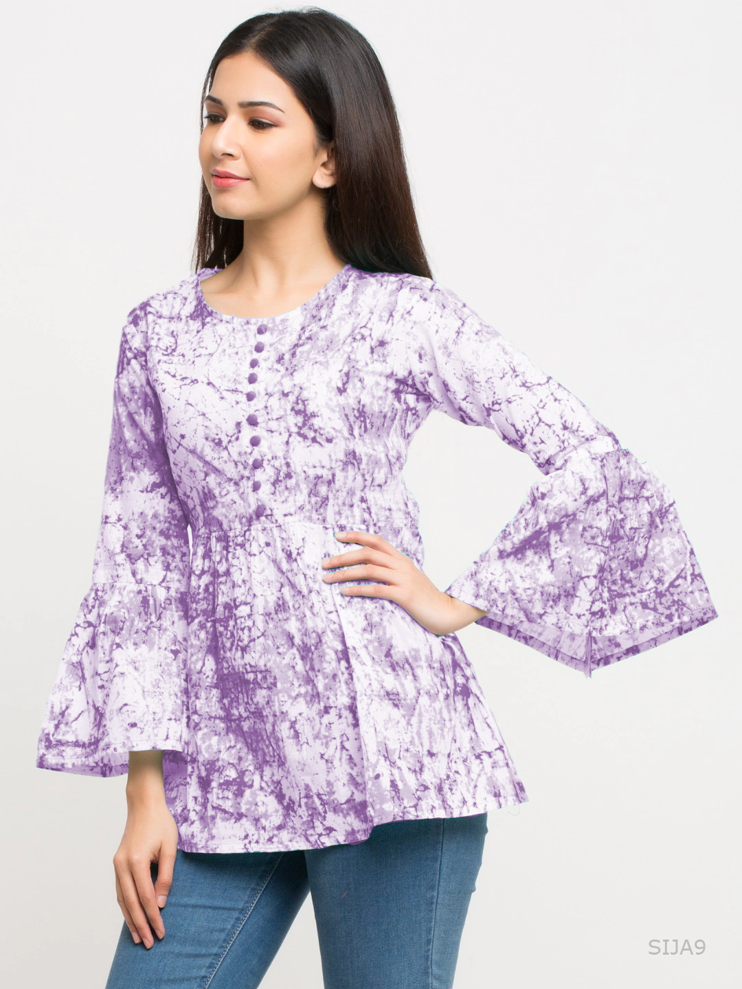 Yash Gallery Women's Cotton Tie and Dye Straight Top (Purple)