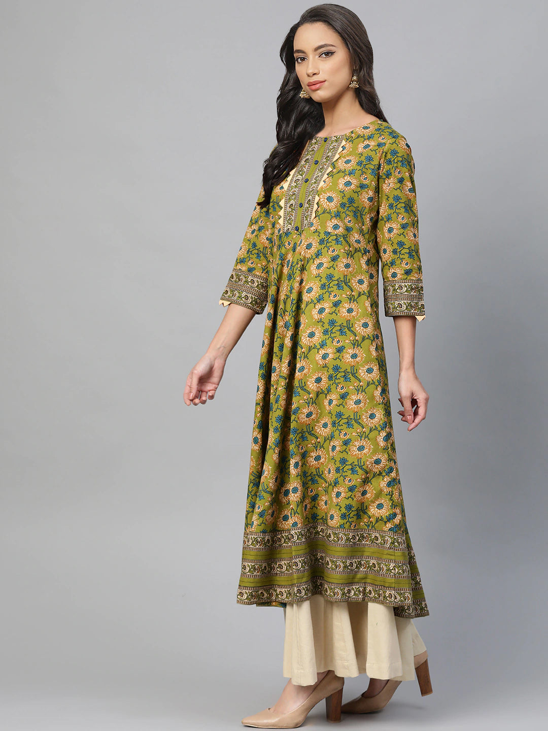 Cotton Floral Printed Anarkali Kurta (Green)