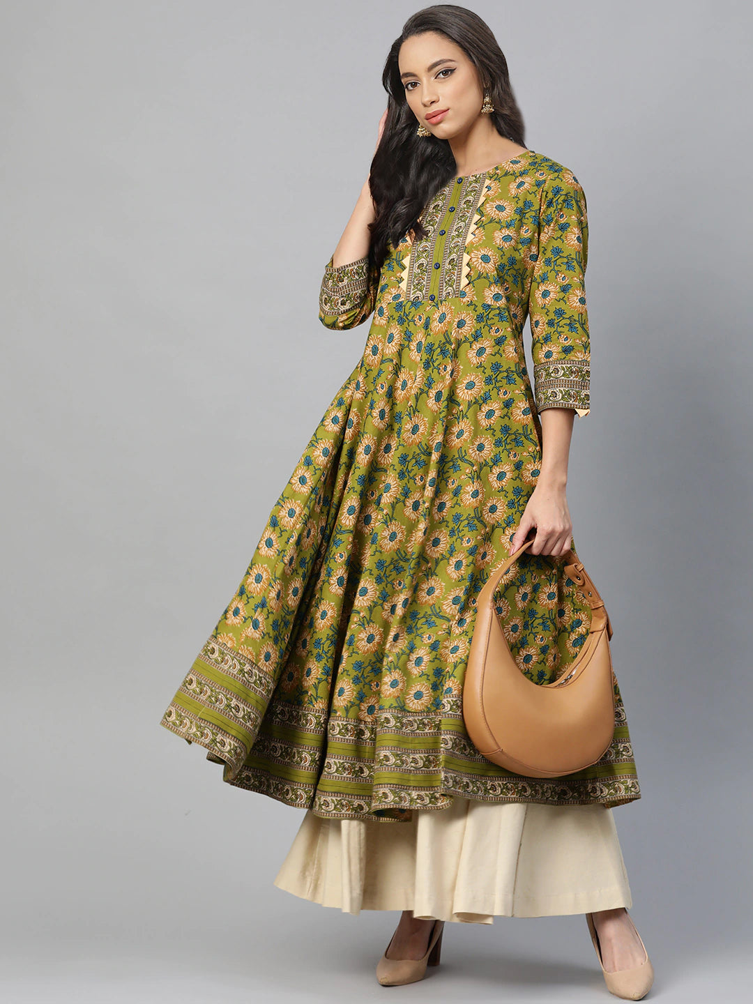Cotton Floral Printed Anarkali Kurta (Green)