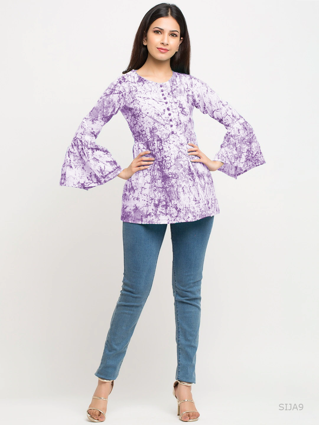 Yash Gallery Women's Cotton Tie and Dye Straight Top (Purple)
