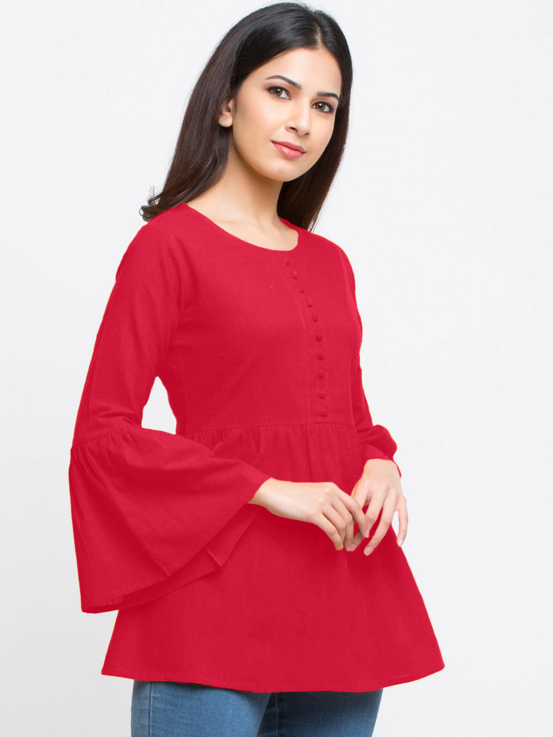 Casual Bell Sleeve Solid Red Top