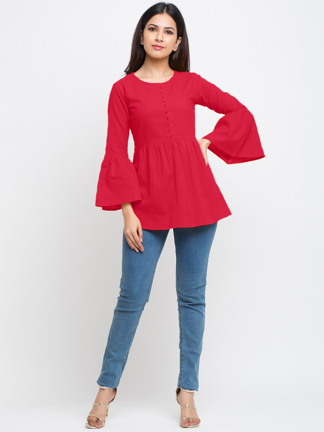 Casual Bell Sleeve Solid Red Top