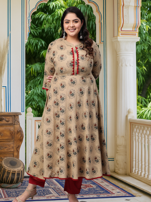 Cotton Blend Floral Print Anarkali Kurta (Beige)