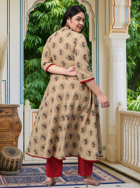 Cotton Blend Floral Print Anarkali Kurta (Beige)