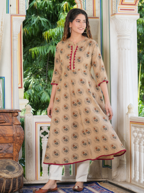 women cotton blend floral print anarkali kurta beige