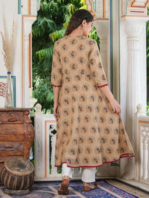Cotton Blend Floral Print Anarkali Kurta (Beige)