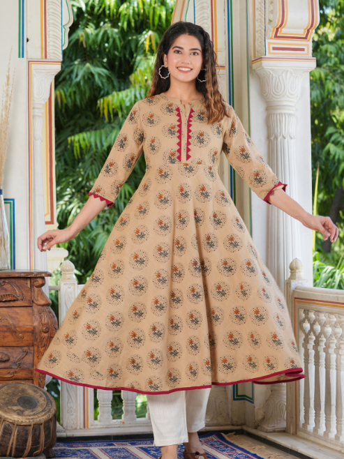 Cotton Blend Floral Print Anarkali Kurta (Beige)