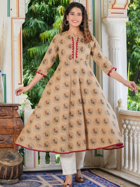 Cotton Blend Floral Print Anarkali Kurta (Beige)