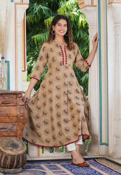 women cotton blend floral print anarkali kurta beige