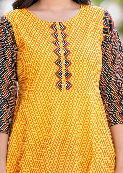 YASH GALLERY Women's Cotton Geometric Print Anarkali Kurta (Mustard) & Dupatta