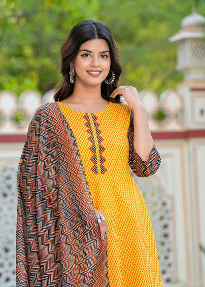 YASH GALLERY Women's Cotton Geometric Print Anarkali Kurta (Mustard) & Dupatta