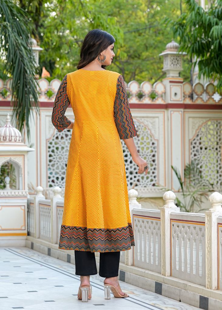 YASH GALLERY Women's Cotton Geometric Print Anarkali Kurta (Mustard) & Dupatta