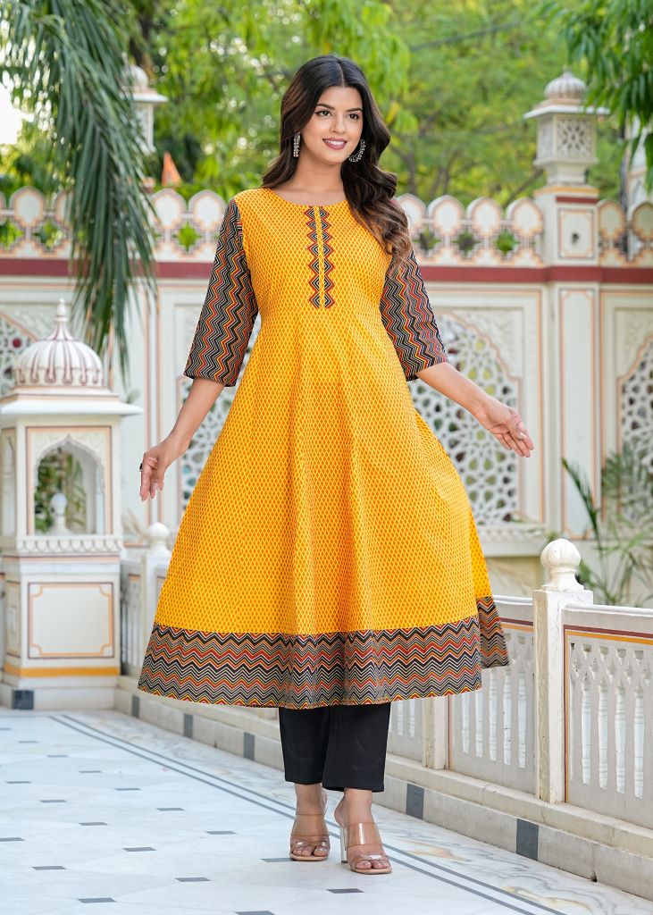 YASH GALLERY Women's Cotton Geometric Print Anarkali Kurta (Mustard) & Dupatta