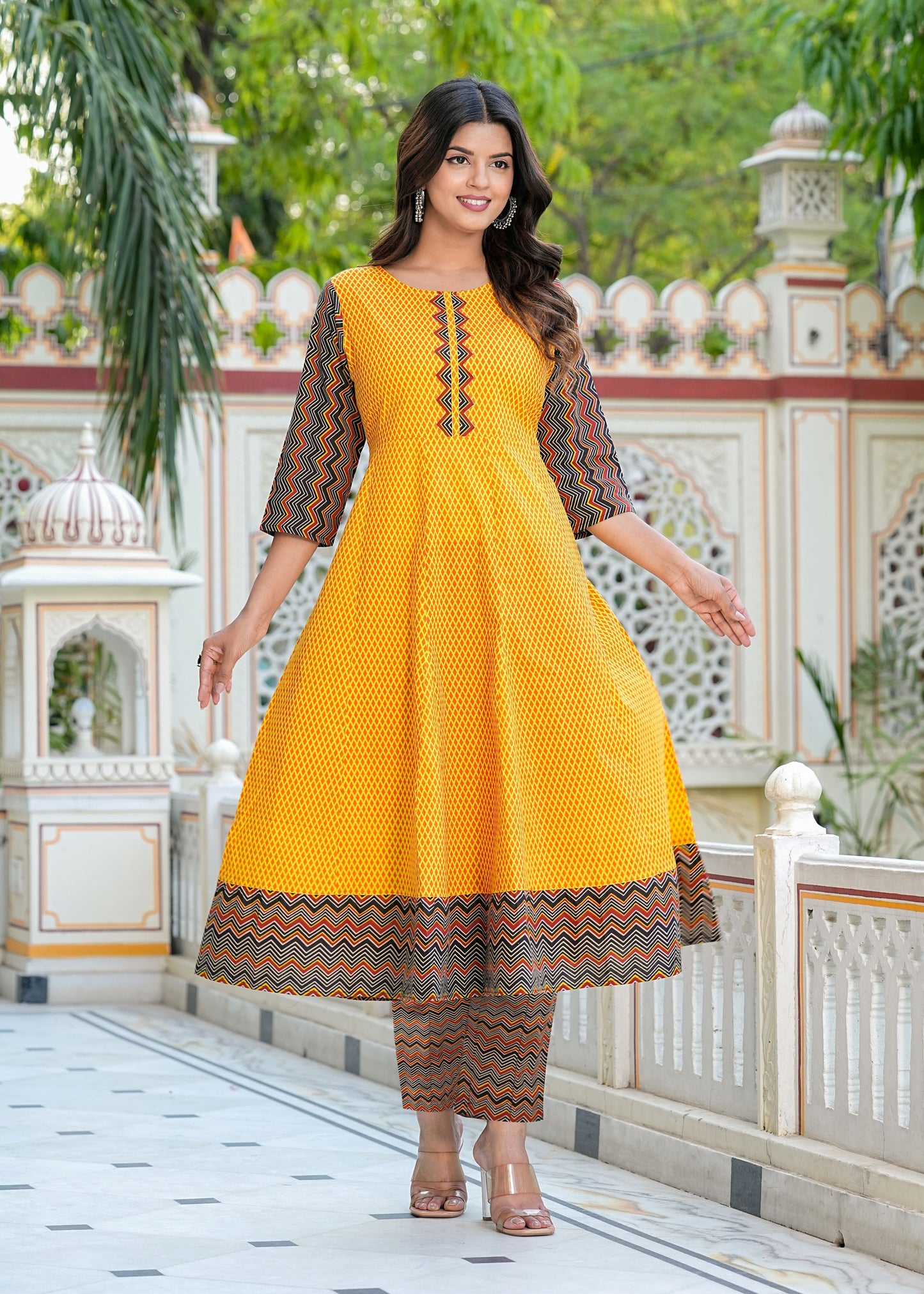 YASH GALLERY Women's Cotton Geometric Print Calf Length Anarkali Kurta Pant And Duptta (Mustard)