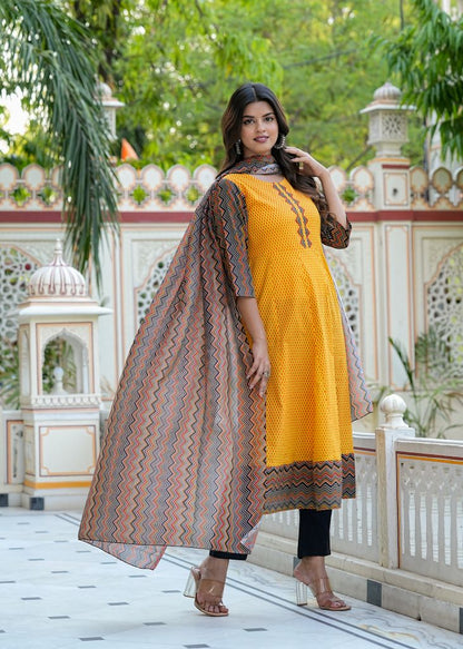 YASH GALLERY Women's Cotton Geometric Print Anarkali Kurta (Mustard) & Dupatta