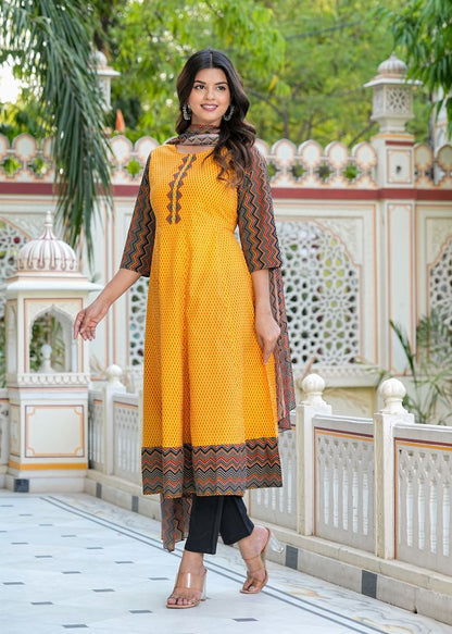 YASH GALLERY Women's Cotton Geometric Print Anarkali Kurta (Mustard) & Dupatta