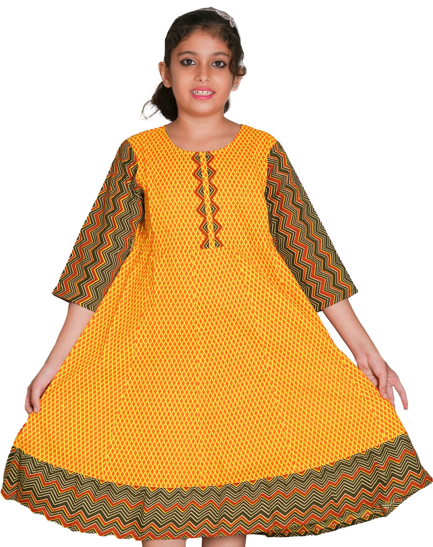 Yash Gallery Kids Cotton Geometric Print Anarkali Dress (Mustard)
