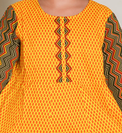 Yash Gallery Kids Cotton Geometric Print Anarkali Dress (Mustard)