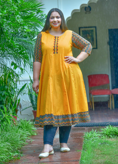 Cotton Geometric Print Anarkali Kurta Plus Size