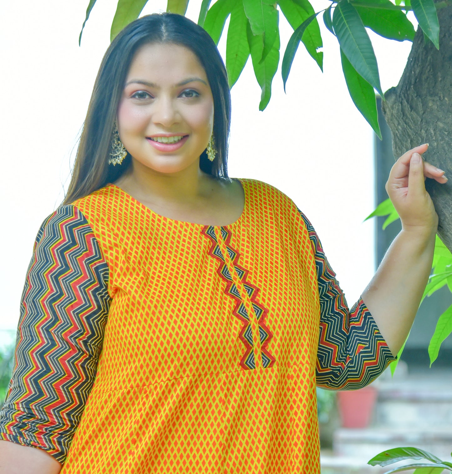 Cotton Geometric Print Anarkali Kurta Plus Size