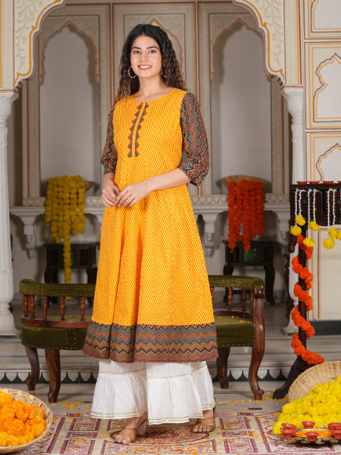 women cotton geometric print anarkali kurta mustard