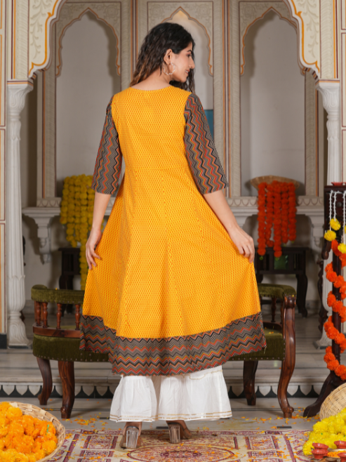 women cotton geometric print anarkali kurta mustard