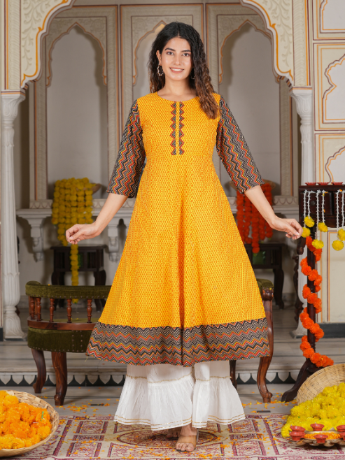 Cotton Geometric Print Anarkali Kurta (Mustard)