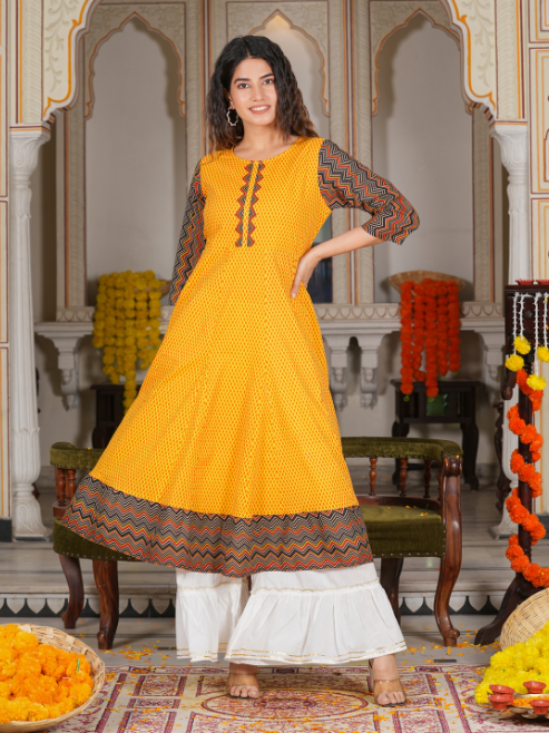 women cotton geometric print anarkali kurta mustard