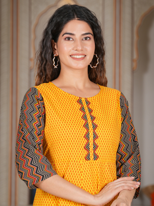 women cotton geometric print anarkali kurta mustard