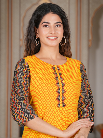 women cotton geometric print anarkali kurta mustard