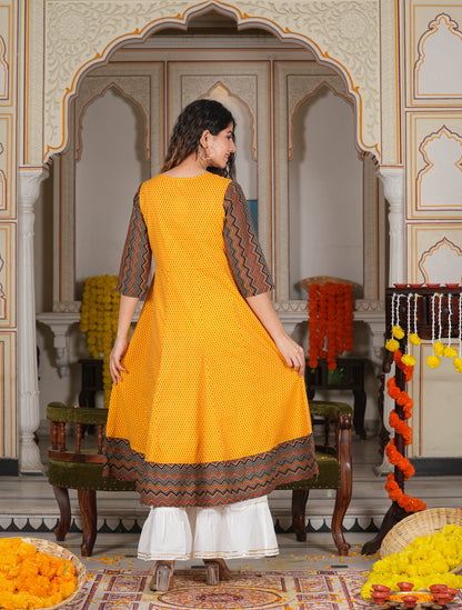 women cotton geometric print anarkali kurta mustard