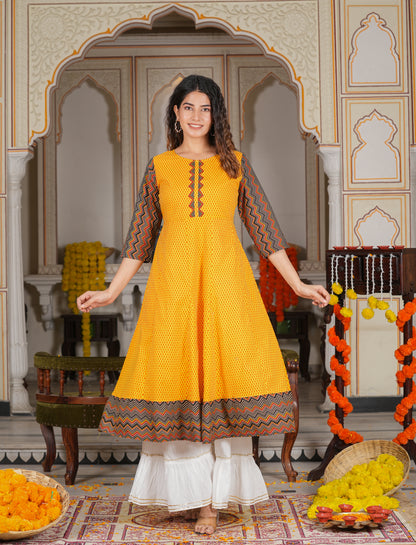 women cotton geometric print anarkali kurta mustard