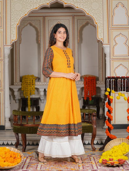 women cotton geometric print anarkali kurta mustard