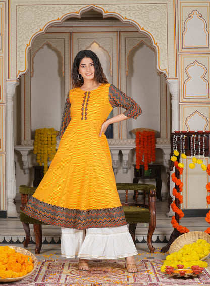 women cotton geometric print anarkali kurta mustard