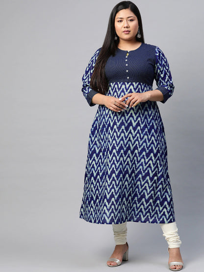 women cotton chevron print kaantha work a line kurta blue