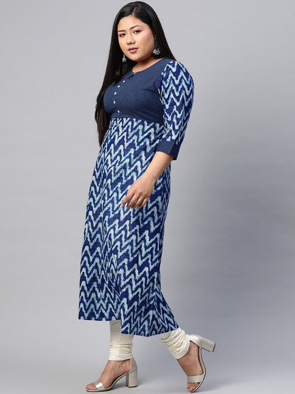 women cotton chevron print kaantha work a line kurta blue