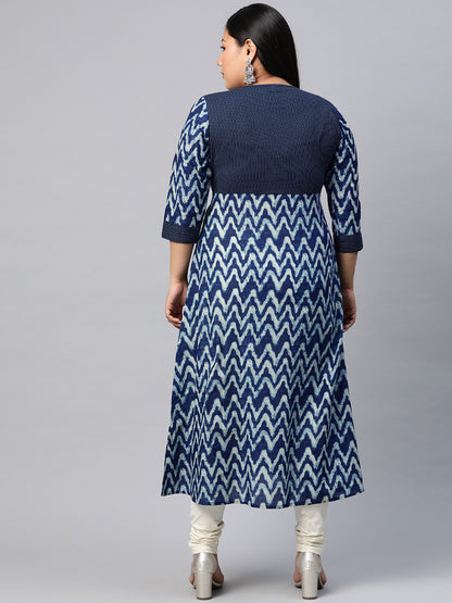 women cotton chevron print kaantha work a line kurta blue