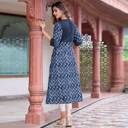 women cotton chevron print kaantha work a line kurta blue