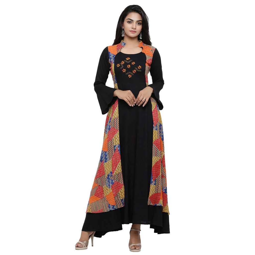 Rayon Geometric Print Embroidered Anarkali Kurta (Black)