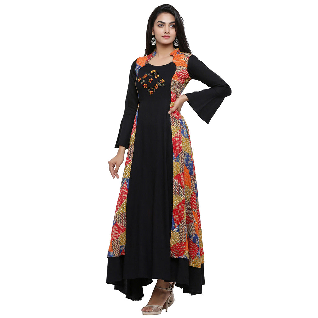 Rayon Geometric Print Embroidered Anarkali Kurta (Black)