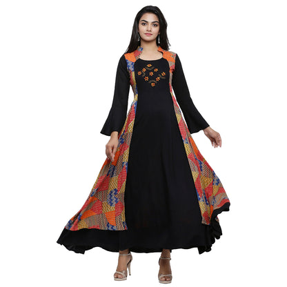 Rayon Geometric Print Embroidered Anarkali Kurta (Black)